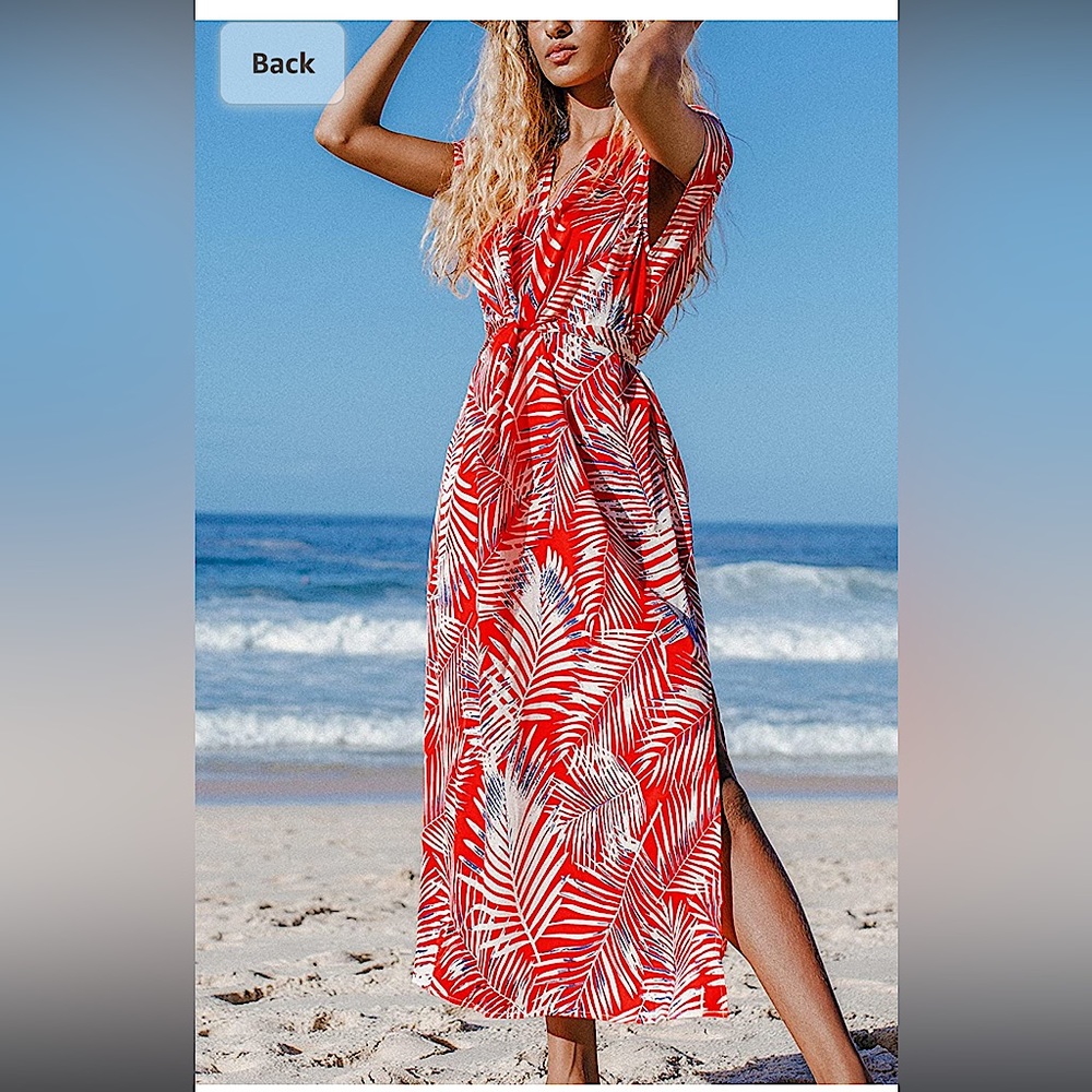 NWT— CUPSHE Women's Red Leaf Print Tie Short Sleeves Wrap V Neck Dress